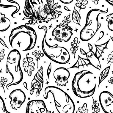 Vektör çizimi, Cadılar Bayramı, hayaletler, kafatasları, mezar, hilal, yarasa, mistisizm. El yapımı, tişörtlerdeki parmak izleri, kusursuz desen, açık arkaplan.