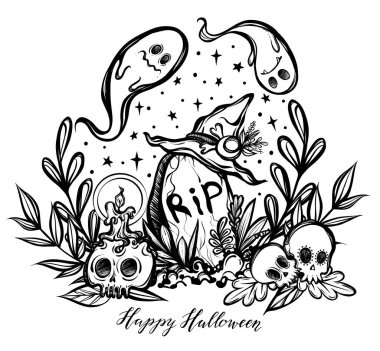 Vektör çizimi, Mutlu Cadılar Bayramı, kafatası, mezar, hayaletler, mistisizm. El yapımı, tişörtlerdeki parmak izleri, arka plan beyazı.