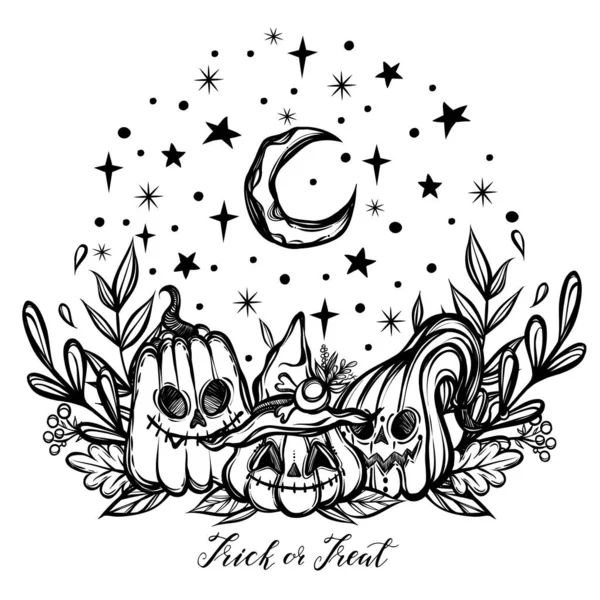 Vektorillustration Happy Halloween Pumpa Stjärnhimmel Måne Mystik Handgjorda Tryck Shirts — Stock vektor