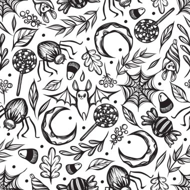 Vektör çizimi, Mutlu Cadılar Bayramı, şeker örümcek ağı, yarasa, yapraklar. El yapımı, parmak izleri, arka plan ışığı, pürüzsüz desen