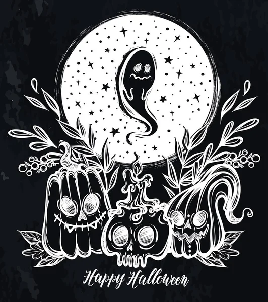 Ilustração Vetorial Feliz Halloween Abóbora Crânio Com Velas Fantasma Estrelas — Vetor de Stock