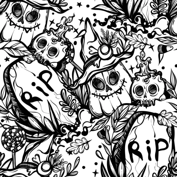 Ilustração Vetorial Feliz Halloween Sepultura Abóbora Chapéu Bruxa Crânio Misticismo — Vetor de Stock
