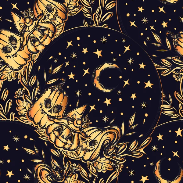 Ilustración Vectorial Feliz Halloween Calabaza Cielo Estrellado Luna Misticismo Hecho — Vector de stock