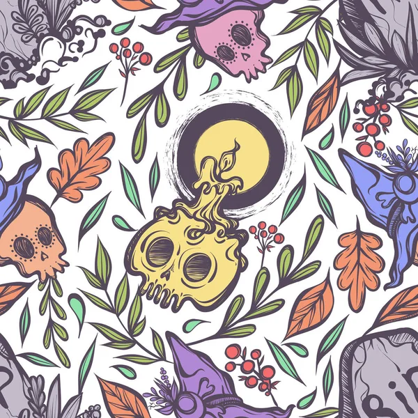 Ilustração Vetorial Halloween Sepultura Crânio Com Velas Chapéu Bruxa Misticismo —  Vetores de Stock