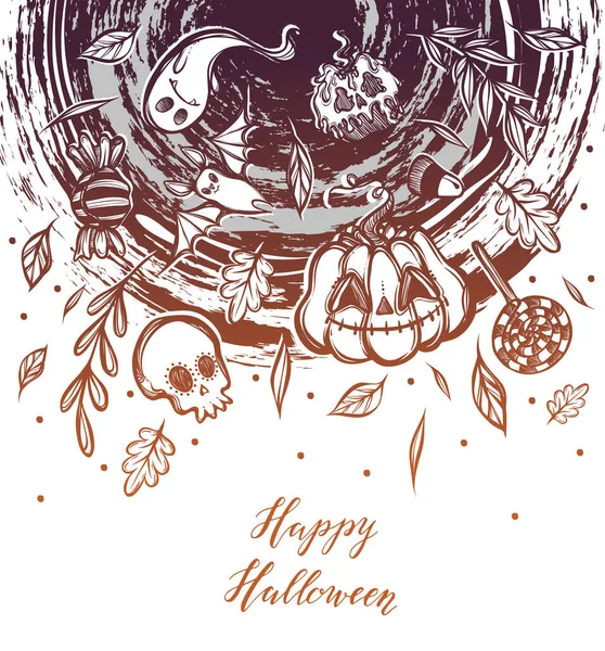 Ilustração Vetorial Feliz Halloween Portal Mágico Fantasma Abóbora Morcego Folhas — Vetor de Stock