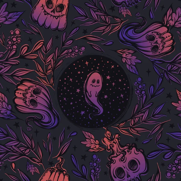 Ilustração Vetorial Feliz Halloween Abóbora Crânio Com Velas Fantasma Estrelas —  Vetores de Stock