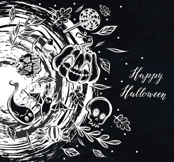 Vector Illustration Happy Halloween Magic Portal Ghost Pumpkin Bat Leaves — Stock Vector