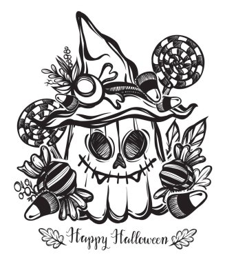 Vektör illüstrasyonu, Cadılar Bayramın kutlu olsun, cadı şapkalı balkabağı, şeker, yapraklar, mistisizm. El yapımı, baskılar, arkaplan beyaz