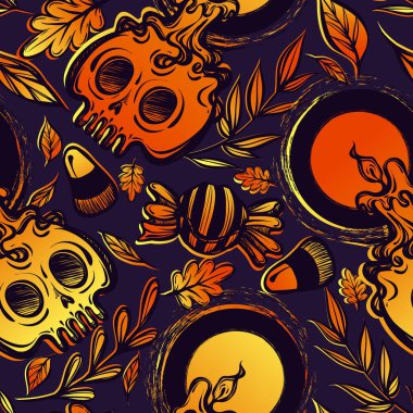 Vektör çizimi, Cadılar Bayramı, mumlu kafatası, mısır şekeri, yapraklar, mistisizm. El yapımı, parmak izi, arka plan koyu, pürüzsüz desen