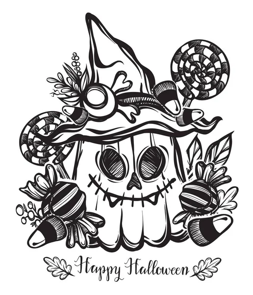 Vektör illüstrasyonu, Cadılar Bayramın kutlu olsun, cadı şapkalı balkabağı, şeker, yapraklar, mistisizm. El yapımı, baskılar, arkaplan beyaz