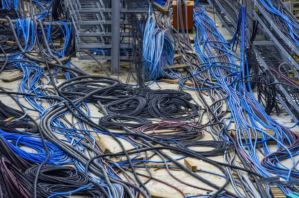 Industrial electric wires, on large construction sites, wire black, blue, red