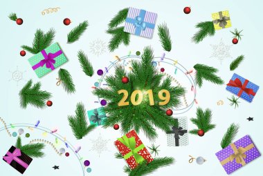 Renkli topları ve altın numaraları ile Noel ağacı dalı