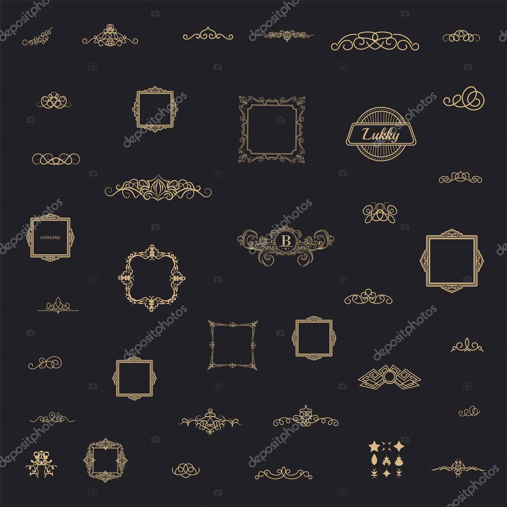 Vintage set decor elements. Decoration for logo, wedding album or restaurant menu. Elegance old hand drawing set. Ornate swirl leaves, label, curved lines and decor elements in vector.