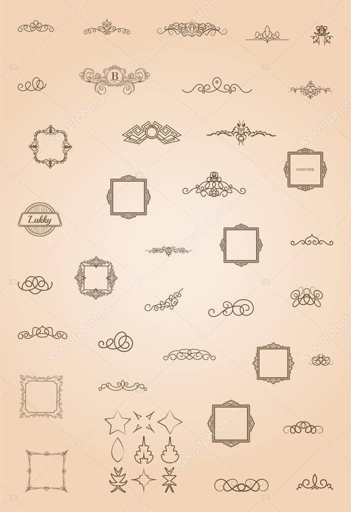 Vintage set decor elements. Decoration for logo, wedding album or restaurant menu. Elegance old hand drawing set. Ornate swirl leaves, label, curved lines and decor elements in vector.