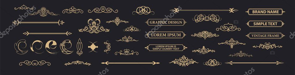 Vintage set decor elements. Decoration for logo, wedding album or restaurant menu. Elegance old hand drawing set. Ornate swirl leaves, label, curved lines and decor elements in vector.