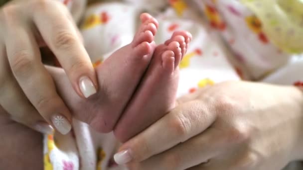 Nyfödda Spädbarn Fötter Mor Hand Hemma Spela — Stockvideo