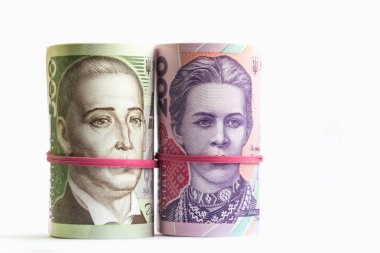 Tüpler Ukraynalı hryvnia banknotlar iki ve beş yüz. Yolsuzluk sembolü