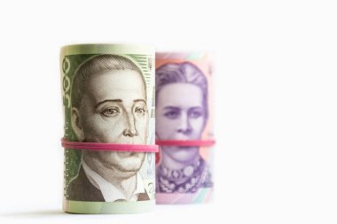 Tüpler Ukraynalı hryvnia banknotlar iki ve beş yüz. Yolsuzluk sembolü