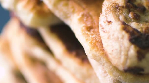 Roasted pies in column close up panning macro fresh tasty — Stock Video