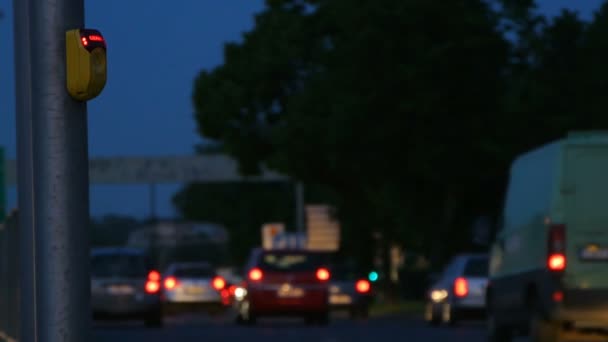 Ruch Miejski Wieczorem Przycisk Czekaj Crosswalk Zbliżenie Żółty Samochody Światła — Wideo stockowe