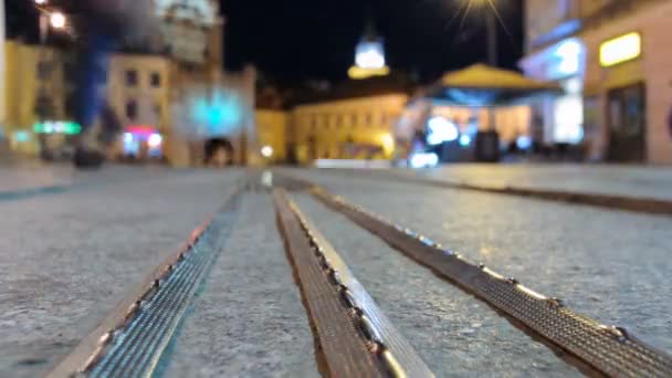 Zeitraffer Des Personenverkehrs Zentrum Von Lublin Der Nacht Aus Nächster — Stockvideo