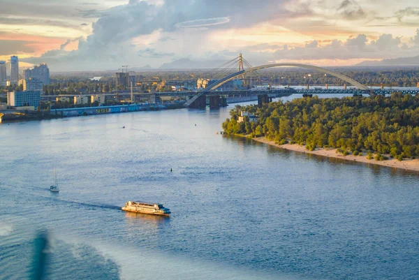 Pont Podilsko Voskresensky Kiev Coucher Soleil Vue Aérienne — Photo