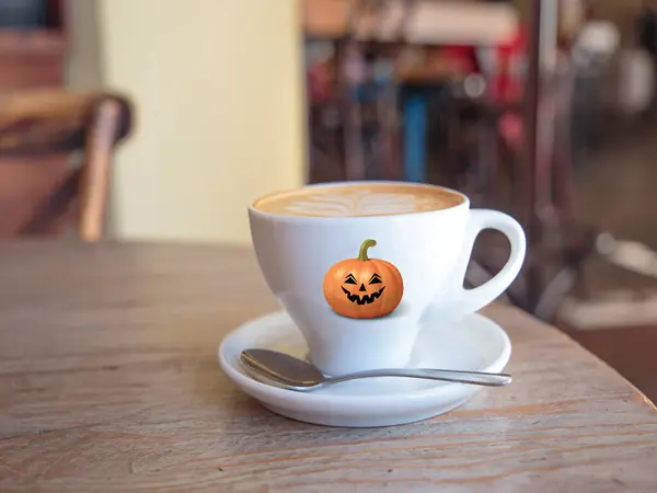 Una Feliz Taza Café Halloween Con Una Cara Espeluznante Calabaza —  Fotos de Stock