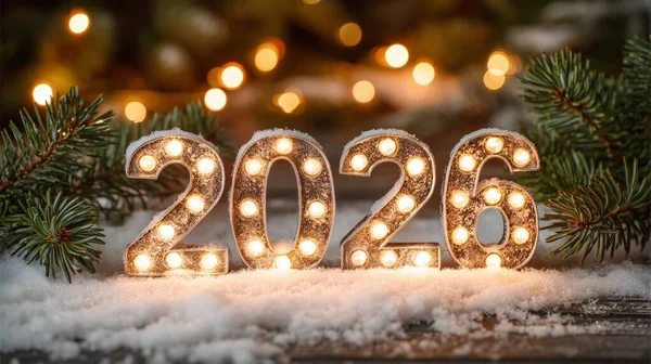 Çam dalları ve bokeh ışıklarıyla karlar içinde parlayan 2026 numaralı tabela.