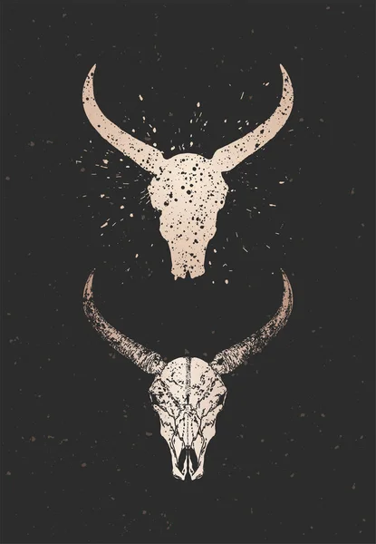 Vector illustration with two variants of hand drawn bull skulls on black background. Gold silhouettes and contour with grunge texture.