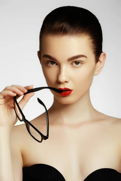 Beauty Sexy Fashion Model Girl Wearing Glasses Isolated White Background — Stock Photo, Image