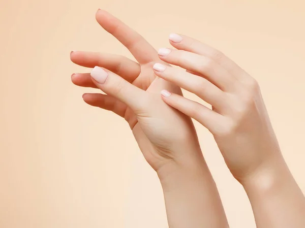 美丽的女人的手 女性手涂抹奶油 化妆水 Spa 和修指甲的概念 法式指甲的女性手 皮肤柔软 护肤理念 手肤护理 — 图库照片