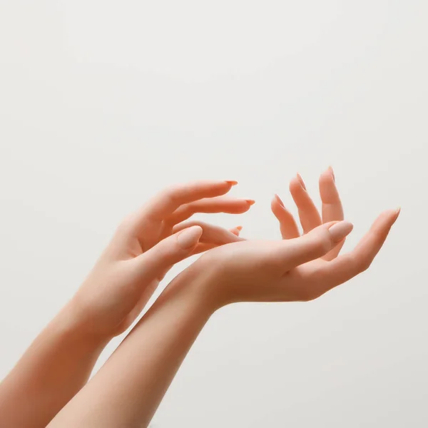 爪に光のピンクのマニキュアで美しい女性の手のクローズ アップ画像 皮膚のケア 手のマニキュア ビューティートリートメント 細い優美な指と上品で優美な手 — ストック写真