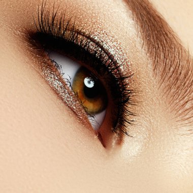 Mavi kadın göz tonları dumanlı gözler makyaj ile güzel brown ile kapatın. Modern moda makyaj. Çıplak makyaj. Temiz cilt, uzun kirpikler