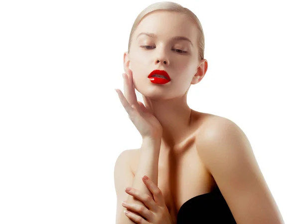 Kozmetik Makyaj Eğilimleri Parlak Ruj Dudak Ruj Closeup Kırmızı Dudak — Stok fotoğraf