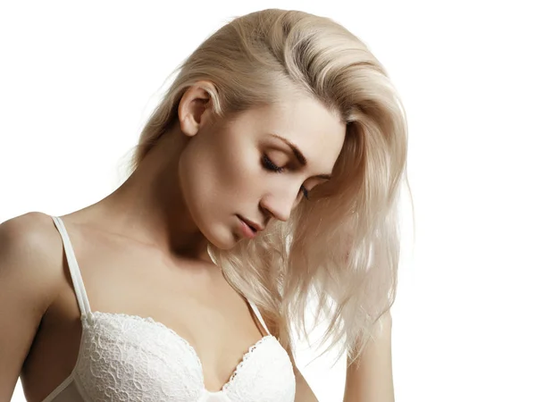 Mooie Verleidelijke Jonge Vrouw Witte Sexy Lingerie Poseren Gezond Mooi — Stockfoto