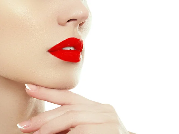 Woman health. Red Sexy Lips . Open Mouth. Makeup cosmetics. Make up concept. Beauty model girl\'s face isolated on white background. Filler injections. Lip augmentation, Beautiful Perfect Lips