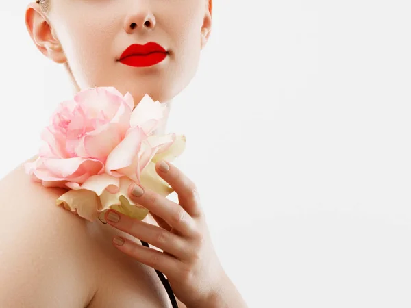 Lips Flower Close Beautiful Female Lips Bright Red Lipgloss Makeup — Stock Photo, Image