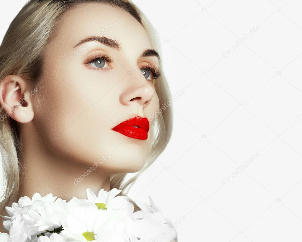 Woman health. Red Sexy Lips . Open Mouth. Makeup cosmetics. Make up concept. Beauty model girl's face isolated on white background. Filler injections. Lip augmentation, Beautiful Perfect Lips