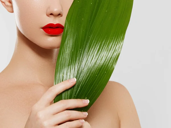 Skincare, Wellness, Spa. Clean soft Skin, healthy Fresh look. The concept of a healthy skin. Portrait of a beautiful girl against a background of tropical leaves. Spa concept. Natural beauty — Stock Photo, Image