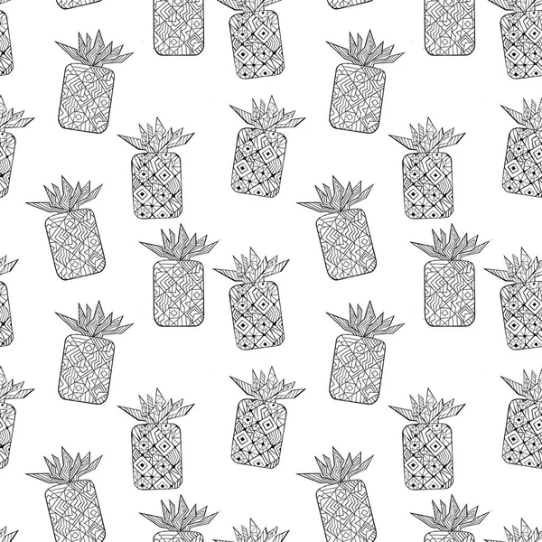 drawing liner on a white background. Pineapple abstract shape with cute ornament.Black-and-white pattern of the unusual pineapple.