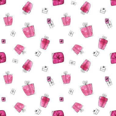 Noel hediyeleri, desen, Doodle elemanları, suluboya ve astar.