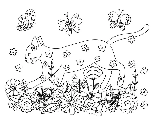 Buku mewarnai lucu dengan kucing di bunga. - Stok Vektor
