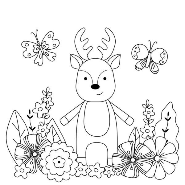 Libro para colorear para niños con lindos ciervos y mariposas . — Vector de stock
