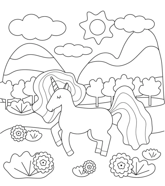 Crianças colorir página com unicórnio bonito e montanhas —  Vetores de Stock