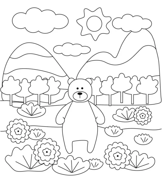 Crianças livro para colorir com urso bonito e montanhas . —  Vetores de Stock