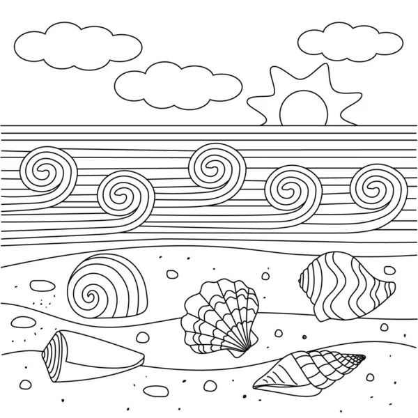 Lindos niños para colorear libro con conchas marinas . — Vector de stock