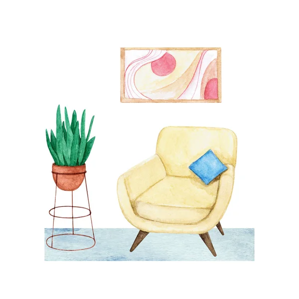 Watercolor illustration with interior and furniture — Stock Photo, Image