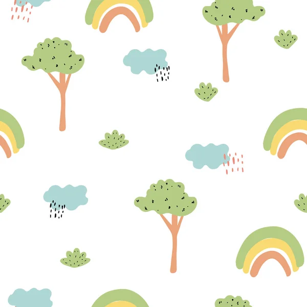 可爱的孩子们，带着树和彩虹的无缝图案. — 图库矢量图片