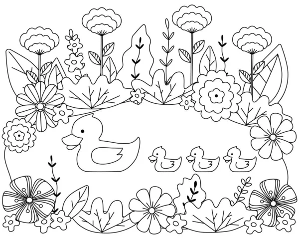 Kaczka i kaczątka na jeziorze z kwiatami. — Wektor stockowy
