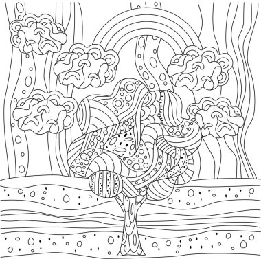 Manzaralı boyama kitabı, ağaç, gökkuşağı, gökkuşağı.